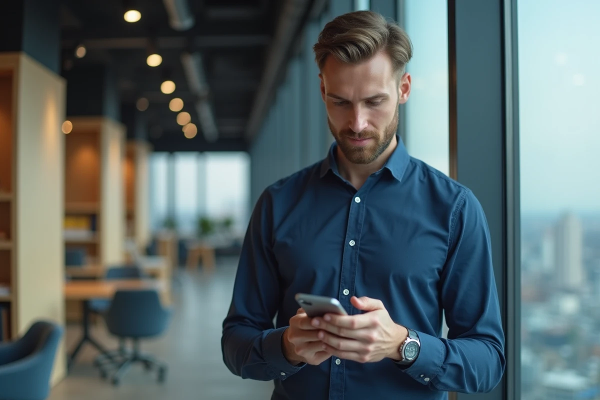 Homme professionnel accédant à sa messagerie académique académique Créteil sur iPhone dans un bureau moderne