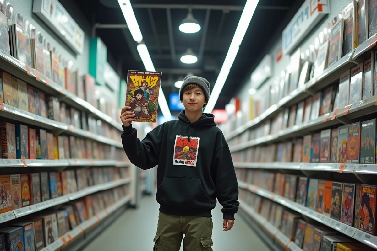 Adolescent passionné découvrant un nouveau roman graphique dans une librairie spécialisée en culture pop et comics