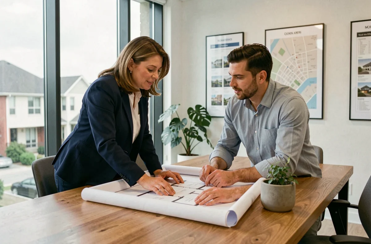 Agent immobilier professionnelle présentant des plans architecturaux à un client dans une agence immobilière moderne
