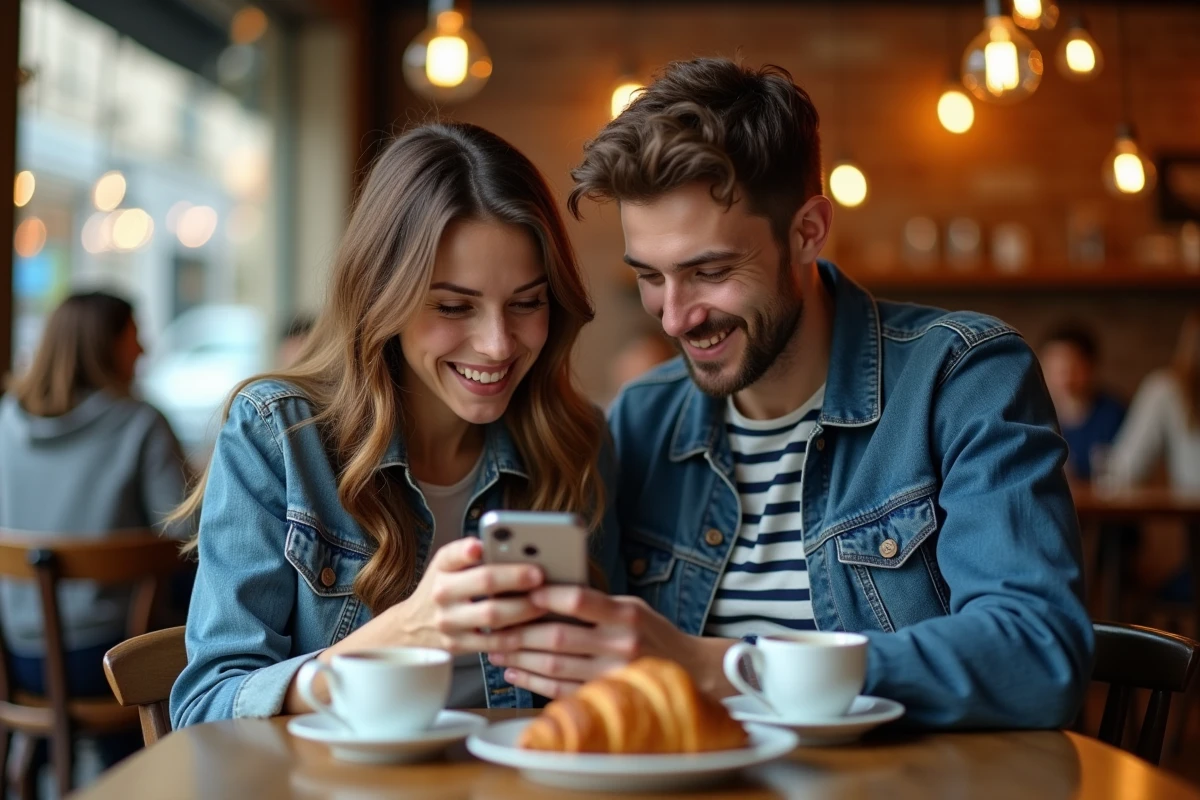 Deux amis partageant la découverte de webtoons sur Manytoon dans un café parisien