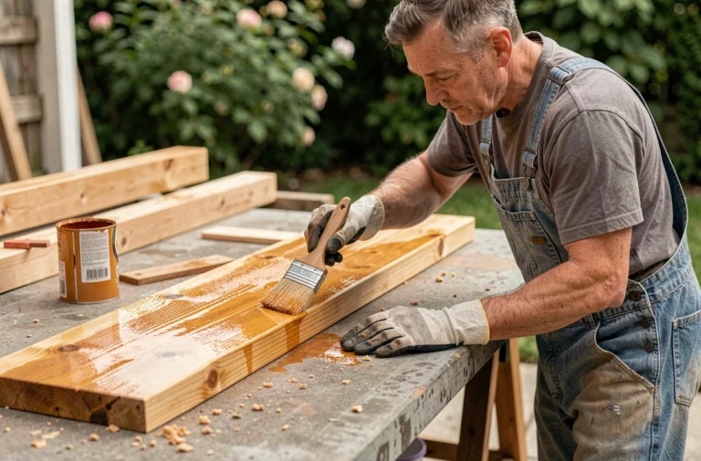 Homme appliquant de la lasure polyuréthane Lidl Parkside sur une clôture en bois avec un pinceau plat