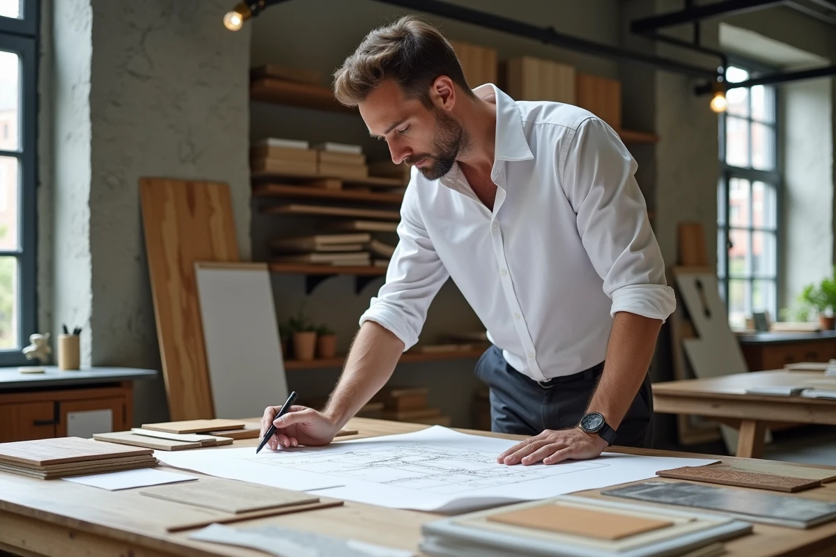 Architecte étudiant des plans et échantillons de matériaux pour une construction de maison personnalisée