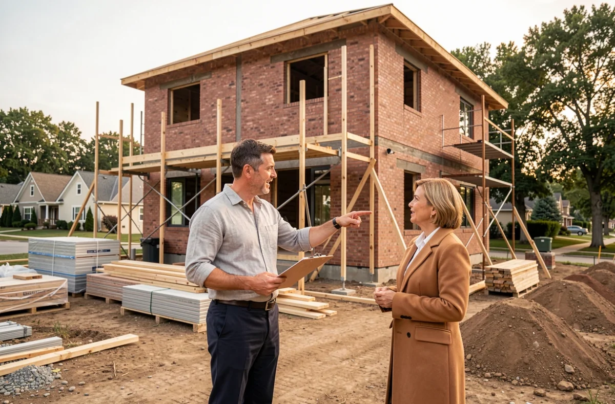 Architecte et promoteur immobilier examinant un chantier de construction résidentielle en milieu urbain