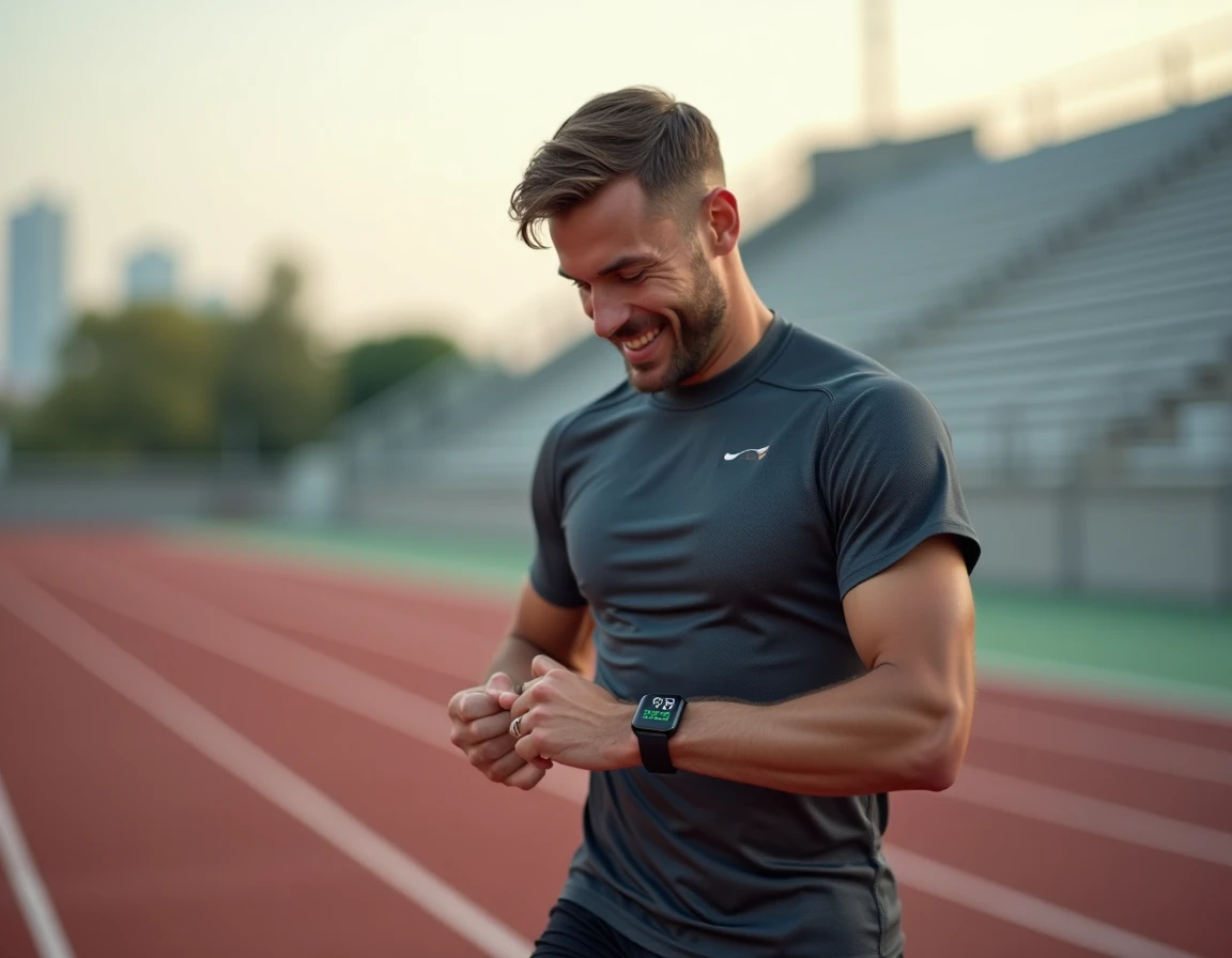 Athlète masculin consultant son application d'entraînement après un interval training sur une piste d'athlétisme urbaine