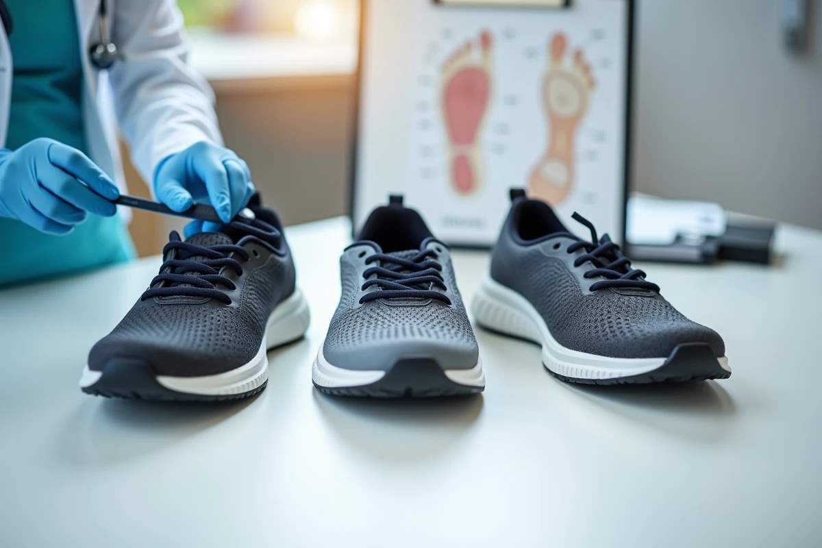 Comparaison de modèles de chaussures Skechers en cabinet de podologie, analyse des semelles et du soutien de la voûte plantaire