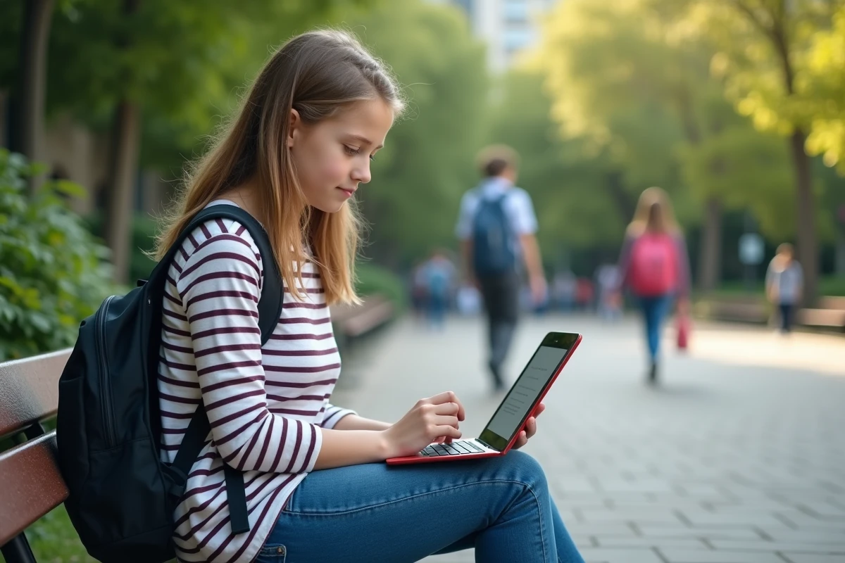 Lycéenne se connectant à la messagerie académique de Créteil sur une tablette dans une cour d'école