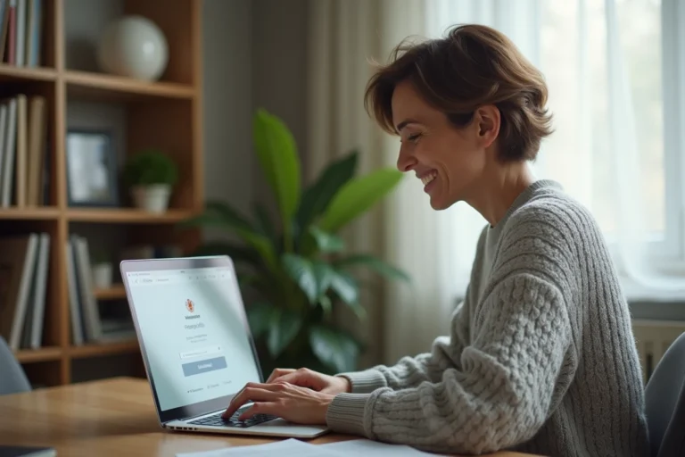 Femme connectée au portail Arena Amiens depuis son domicile sur ordinateur portable