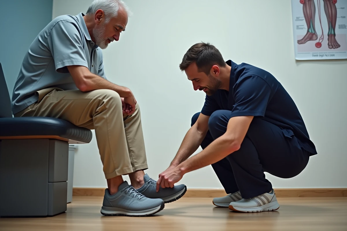 Consultation podologique avec un patient portant des chaussures Skechers, analyse du soutien et du coussin de la semelle