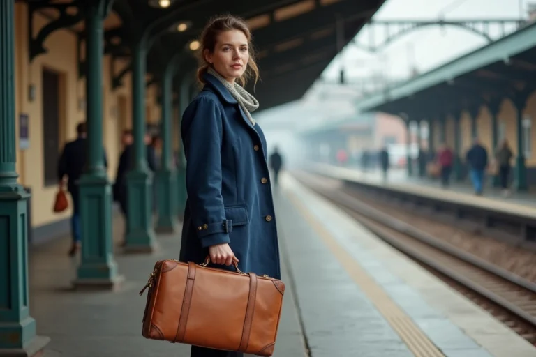 Femme en veste indigo tenant une valise en cuir dans une gare vintage, symbolisant le voyage et la liberté