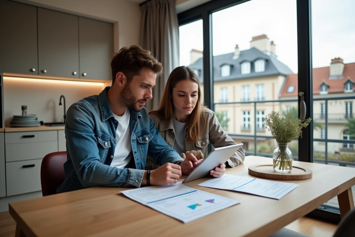 Jeune couple français examinant des documents de logement