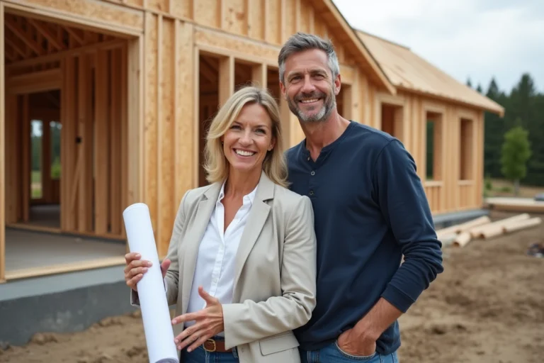 Couple tenant des plans architecturaux devant leur future maison en construction sur-mesure