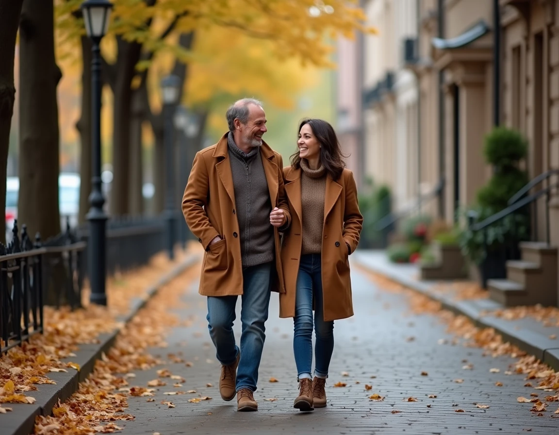 Couple se promenant et riant dans une rue pavée en automne, évoquant la vie de couple et l'intimité d'une célébrité