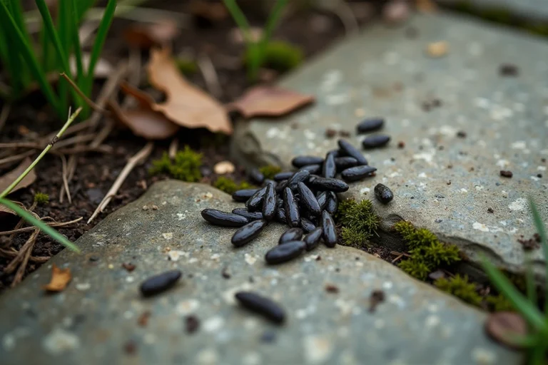 Gros plan macro de crottes de couleuvre sur une pierre de jardin entourée de feuilles mortes et de mousse
