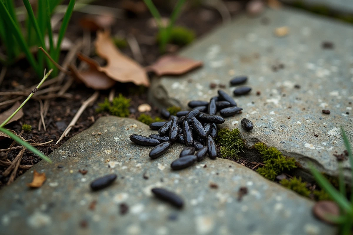 Gros plan macro de crottes de couleuvre sur une pierre de jardin entourée de feuilles mortes et de mousse