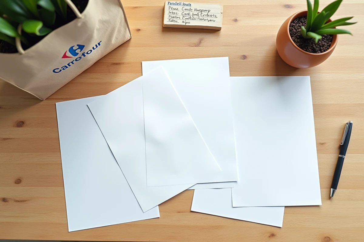 Documents imprimés chez Carrefour disposés sur un bureau avec astuces économiques notées