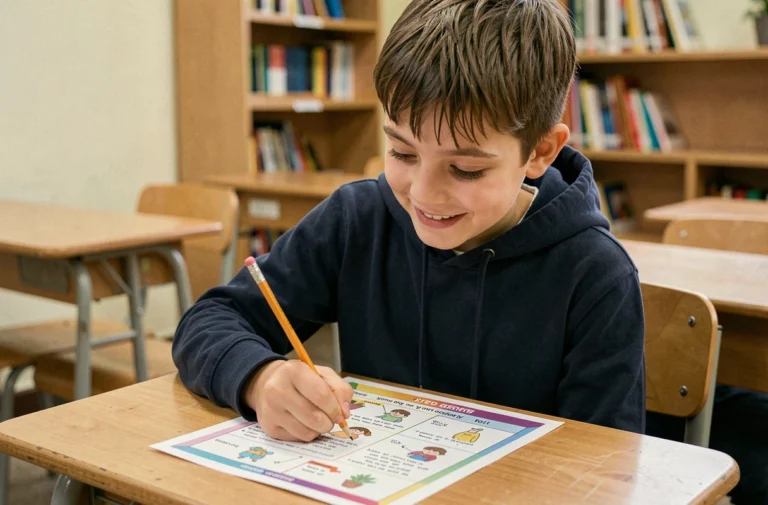 Élève de 6e concentré sur une fiche d'exercices de grammaire colorée posée sur un bureau scolaire en bois