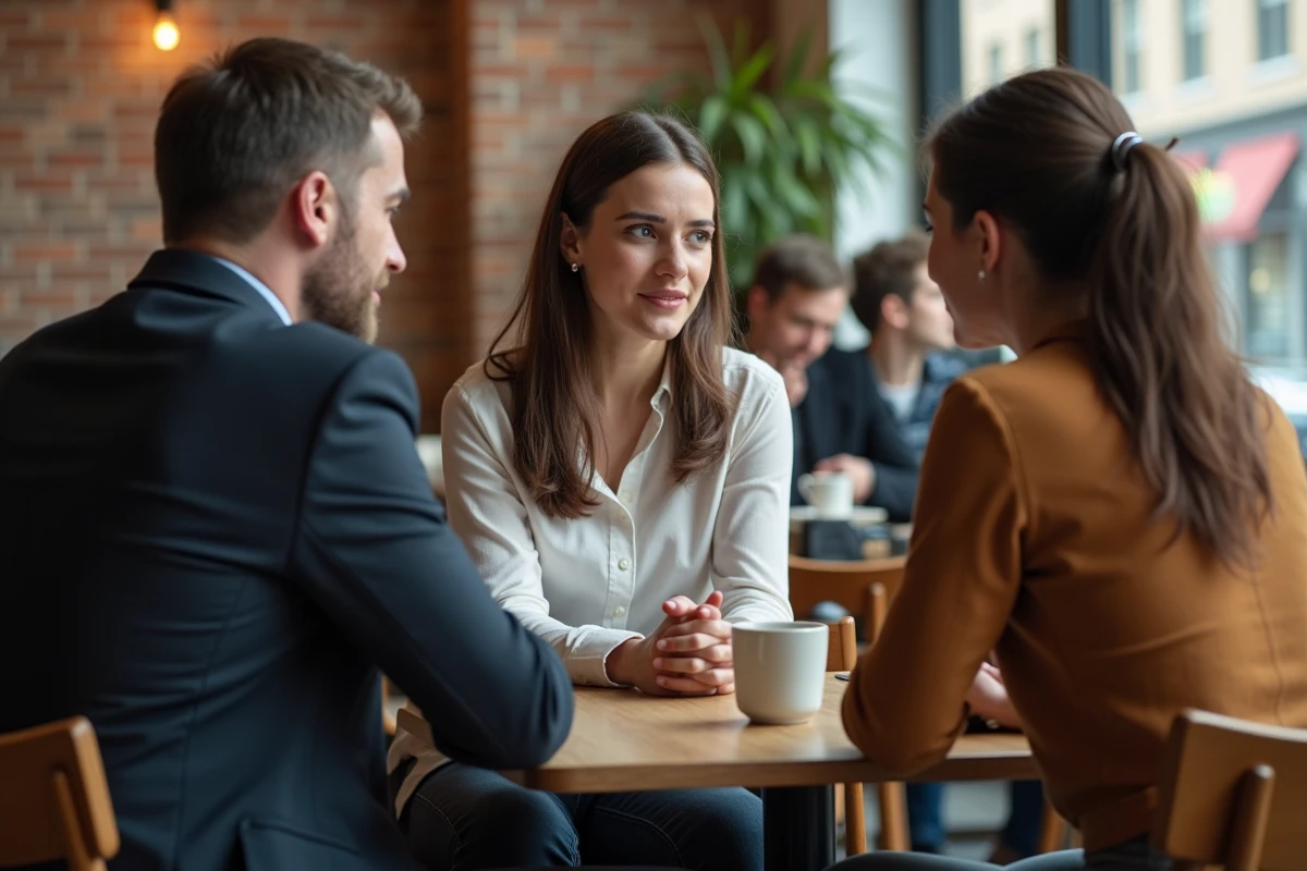 Couple de parents rencontrant une candidate nounou lors d'un entretien dans un café urbain