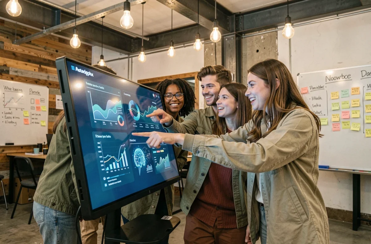 Équipe de jeunes professionnels collaborant sur un écran tactile interactif affichant des données IA, symbolisant les tendances technologiques actuelles