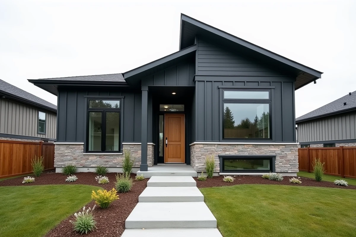 Façade d'une maison individuelle contemporaine construite sur-mesure avec pierres et bardage moderne
