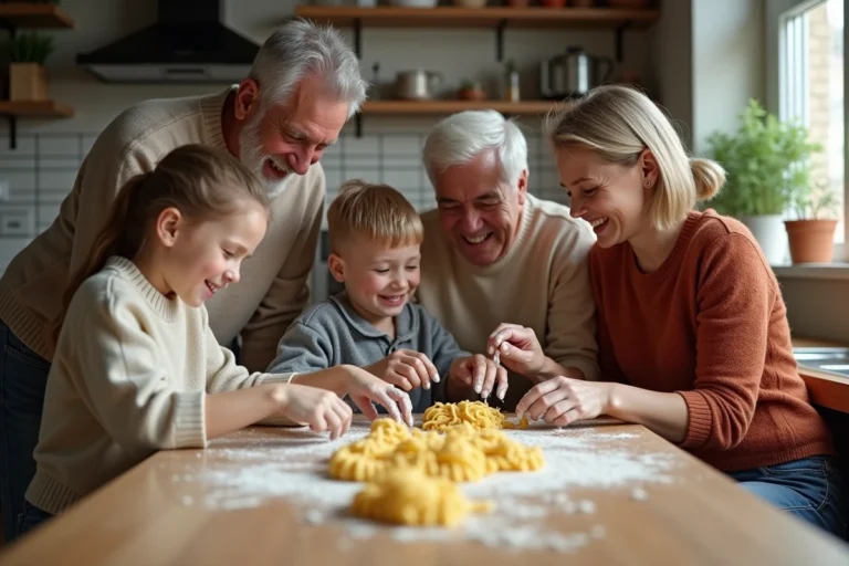 Famille multigeneration préparant des pâtes maison dans la cuisine