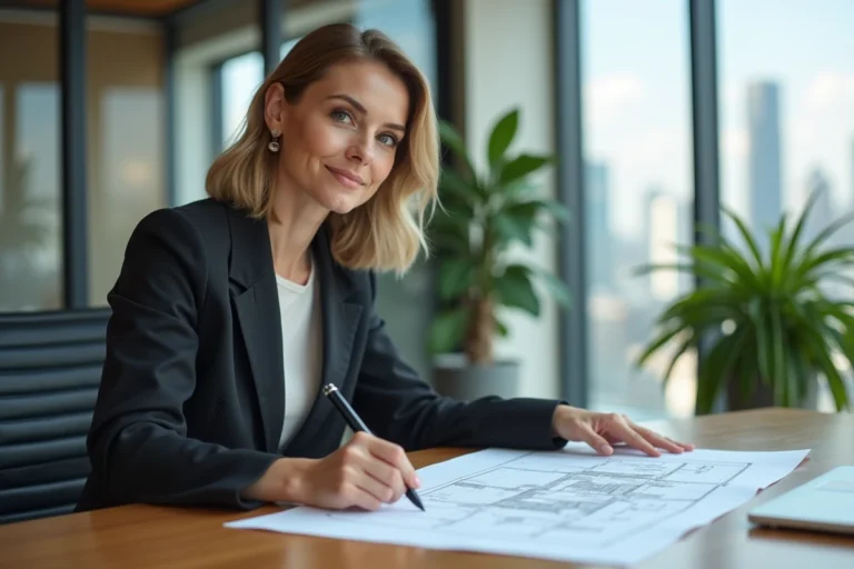 Femme d'affaires regardant des plans architecturaux dans un bureau moderne