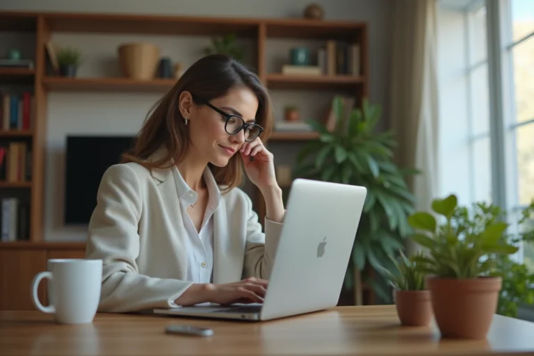 Femme d age moyen travaillant sur son ordinateur à la maison