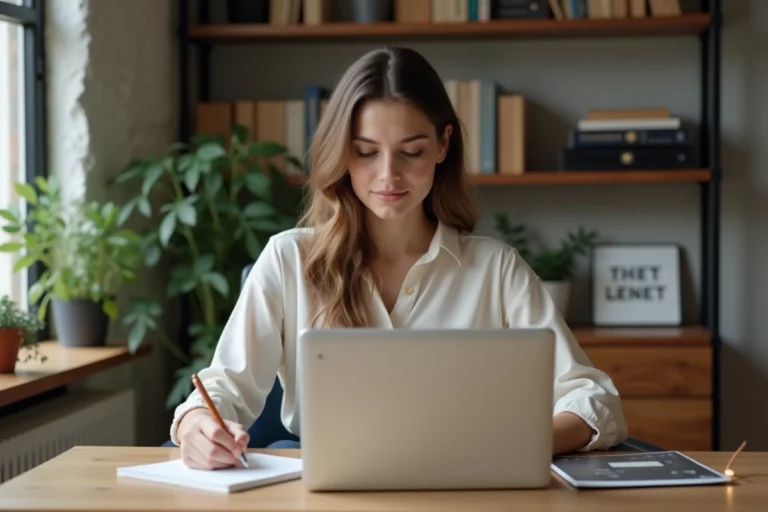 Jeune femme concentrée prenant des notes dans un bureau moderne