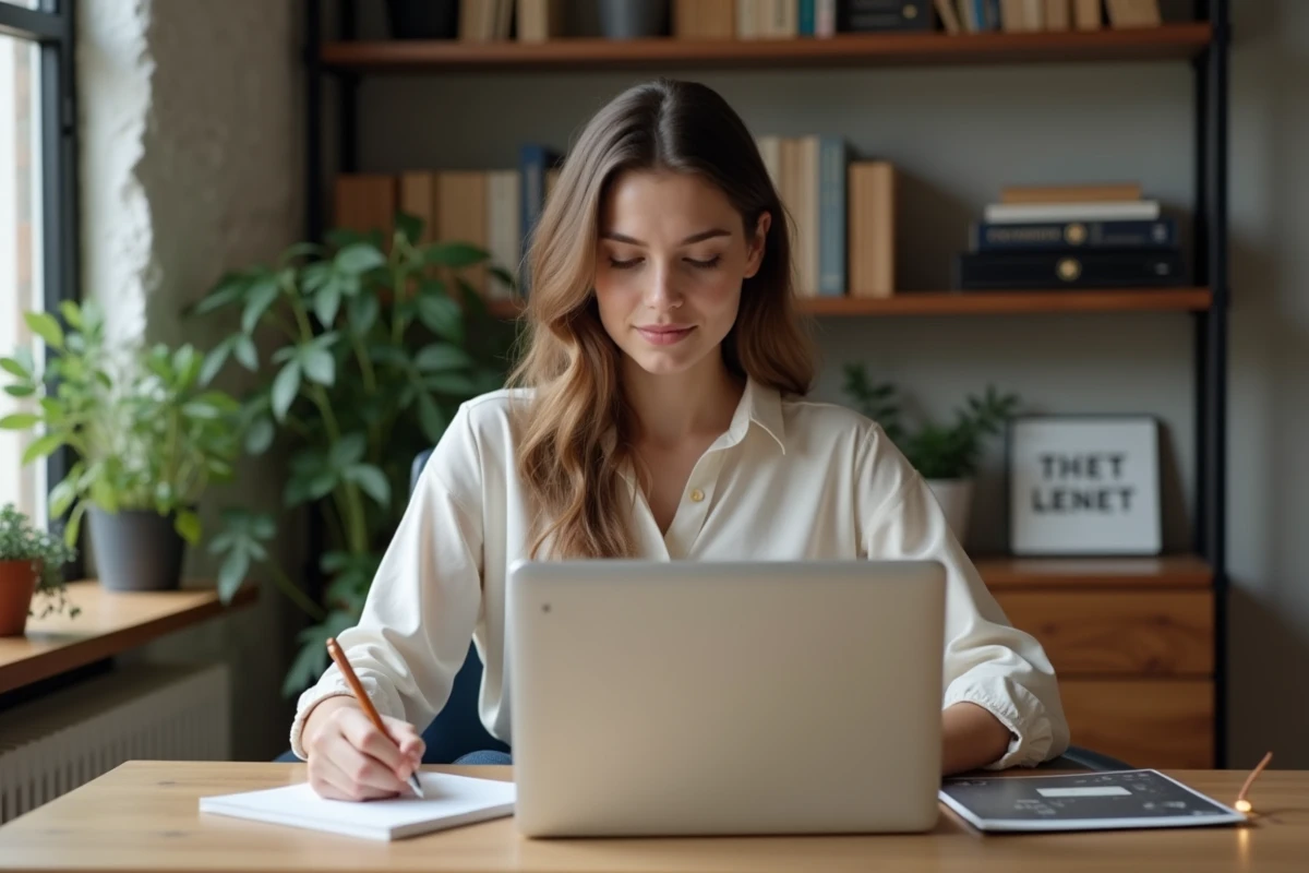 Jeune femme concentrée prenant des notes dans un bureau moderne