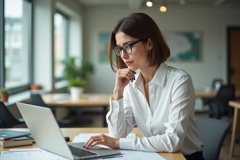Femme d'affaires concentrée dans un bureau lumineux