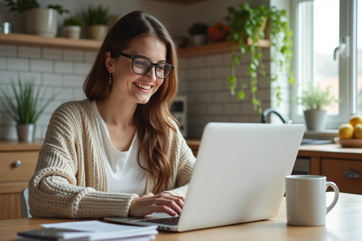 Femme souriante utilisant un ordinateur dans une cuisine lumineuse