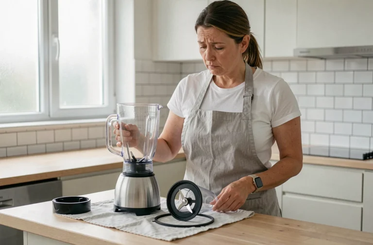 Femme examinant les pièces démontées d'un blender non chauffant sur un comptoir de cuisine moderne