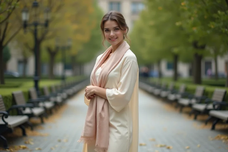 Femme élégante en robe crème dans un parc urbain