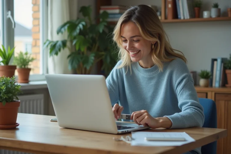 Femme insérant une clé USB dans un ordinateur portable dans un bureau cosy