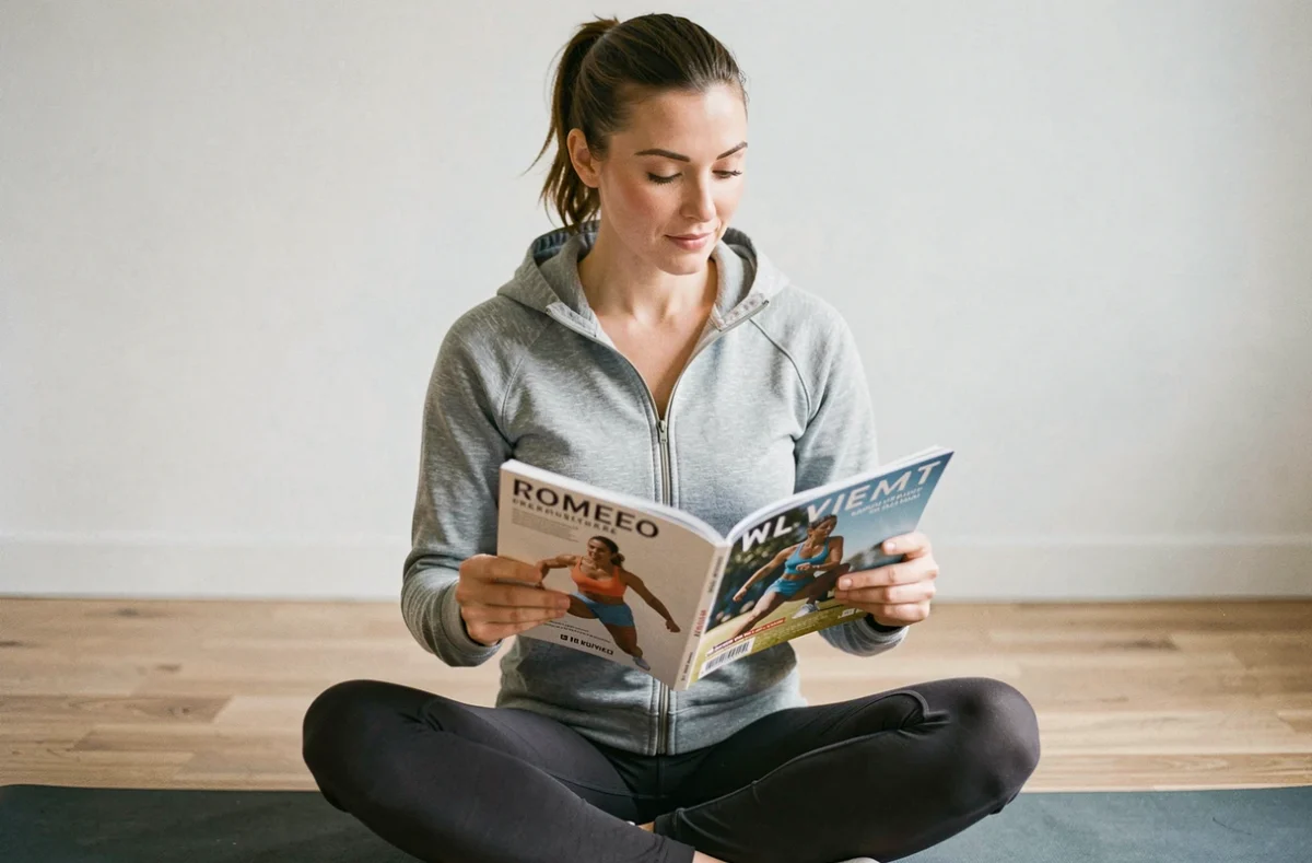Femme passionnée de sport lisant un magazine sportif féminin dans un studio yoga à domicile