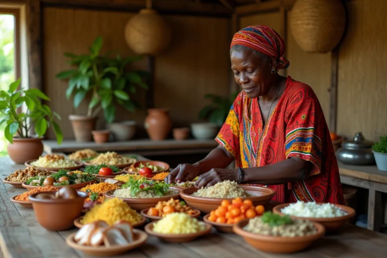 Femme malgache en lamba préparant un repas traditionnel sans porc