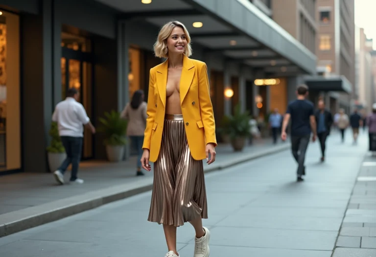 Femme élégante en blazer oversize et jupe métallique dans la ville