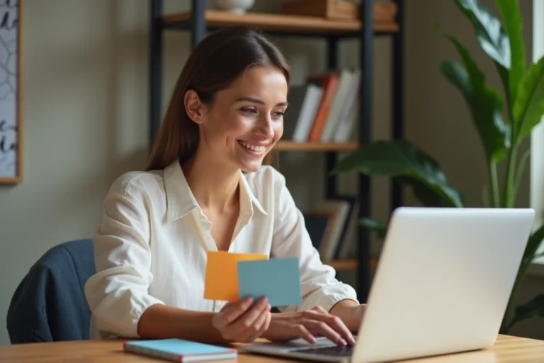 Femme assise à une table avec une carte colorée et un ordinateur