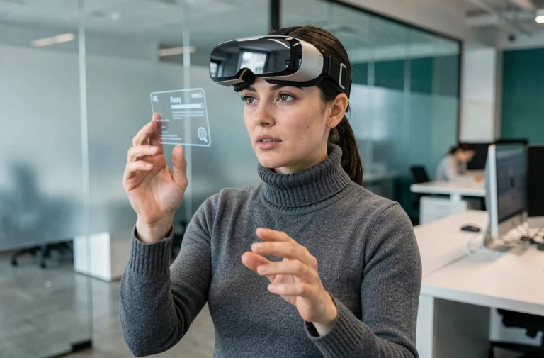 Femme utilisant un casque de réalité augmentée dans un espace de travail technologique moderne, illustrant les tendances tech de l'année