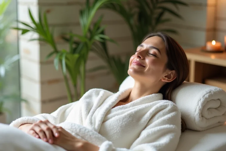 Femme en robe blanche détendue dans un spa intérieur