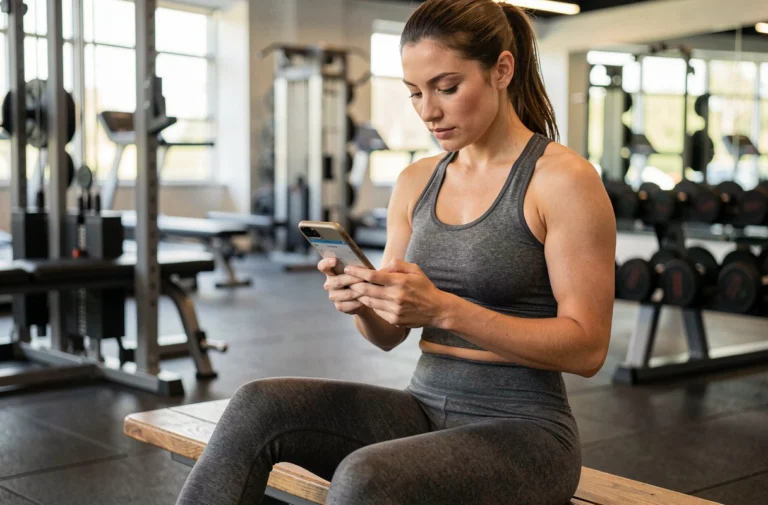 Femme sportive consultant des pages de sport féminin sur son smartphone dans une salle de gym moderne