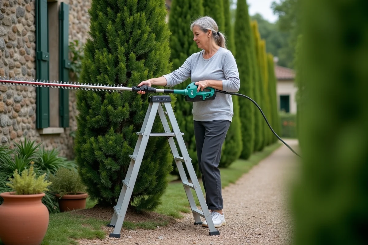 Femme utilisant un taille-haie électrique à manche télescopique pour tailler une haute haie de cyprès dans un jardin de campagne