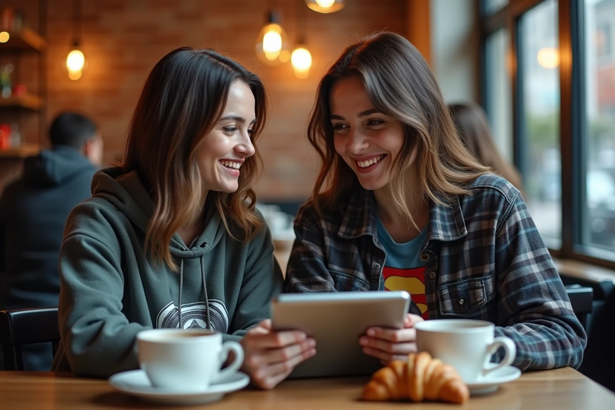 Deux femmes geek discutant d'actualités tech et culture nerd autour d'une tablette dans un café urbain chaleureux