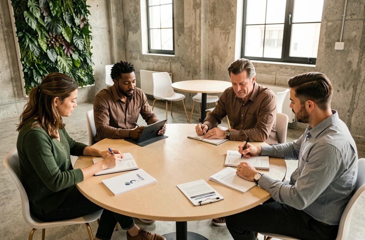 Groupe de professionnels en session de formation sur les usages et bonnes pratiques en entreprise autour d'une table de travail moderne