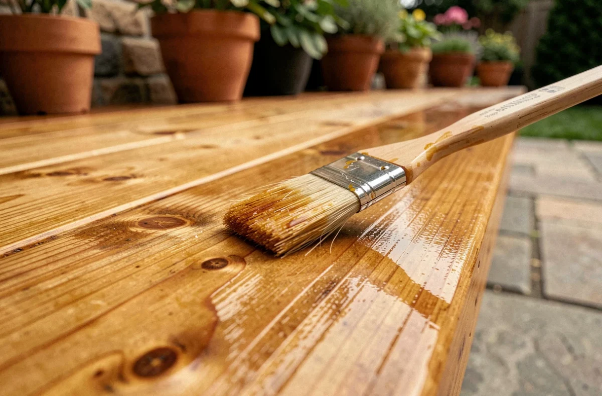 Gros plan sur une lame de terrasse en bois traitée avec de la lasure polyuréthane brillante et un pinceau posé dessus