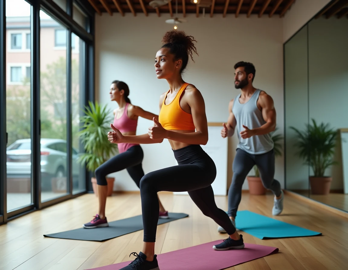 Groupe de trois adultes en tenue de sport s'échauffant sur des tapis de yoga dans un studio de fitness moderne, représentant la liberté de reprendre le sport avec un abonnement mensuel sans engagement
