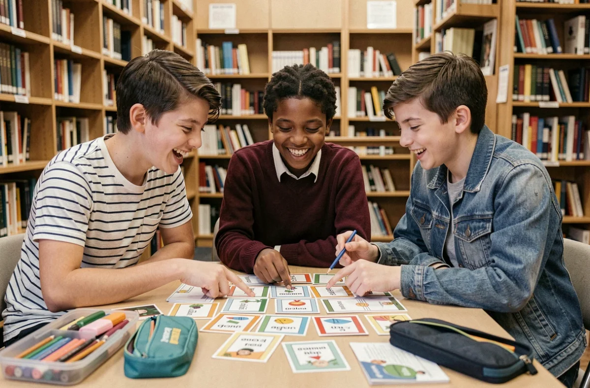 Groupe d'élèves de collège jouant avec des cartes de jeux de grammaire imprimées dans une bibliothèque scolaire