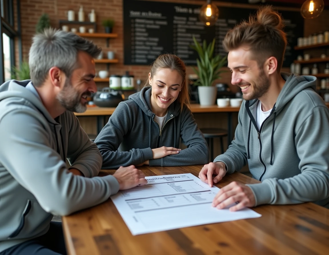 Groupe de sportifs discutant d'un programme d'entraînement combinant différents types de sports autour d'un plan hebdomadaire