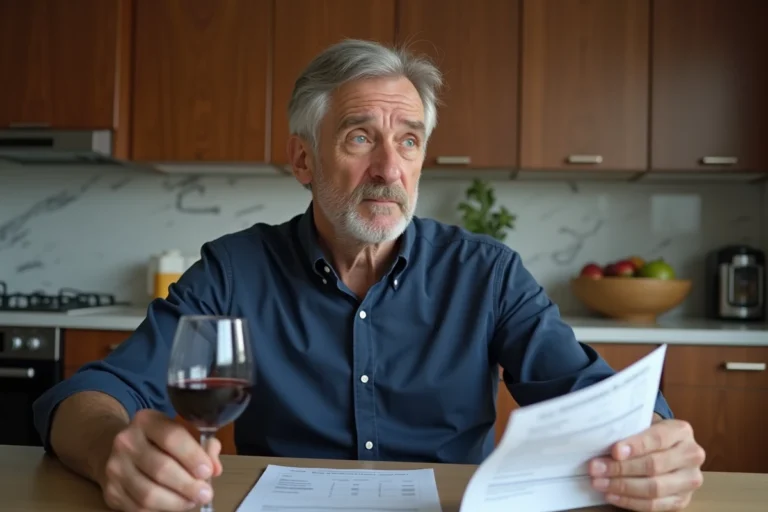 Homme d'âge mûr examinant ses résultats de cholestérol avec un verre de vin rouge sur une table de cuisine