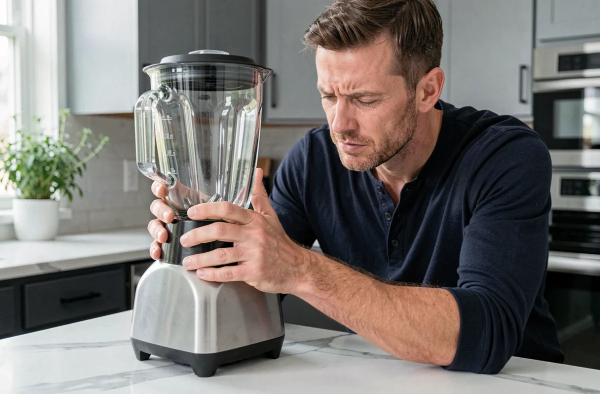 Homme inspectant le mécanisme de base d'un blender en panne sur un îlot de cuisine contemporain