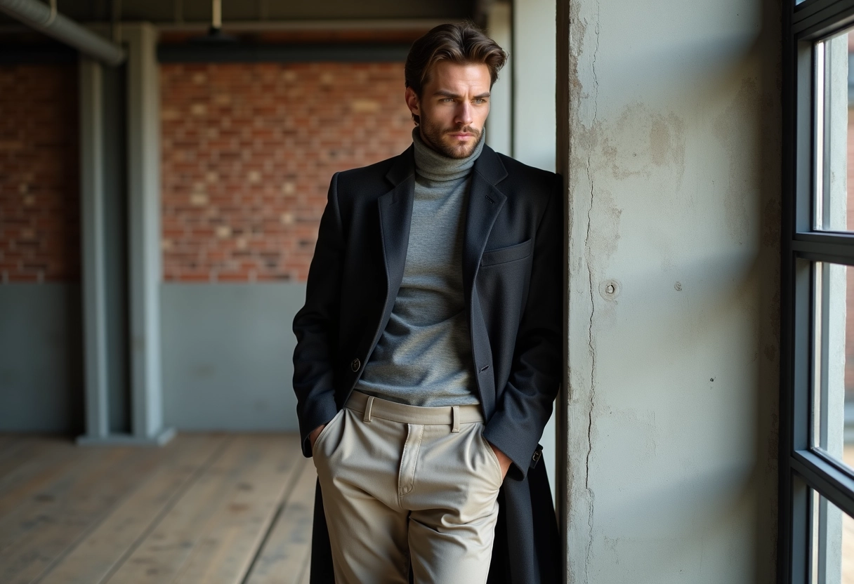 Homme en pantalon large et manteau en loft industriel